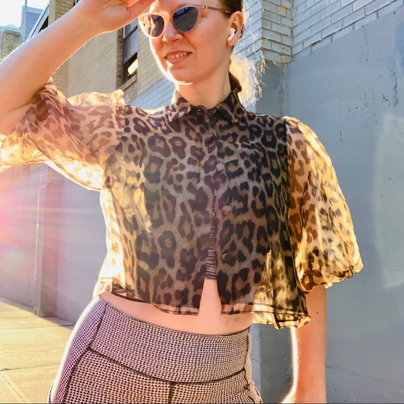 Zara Transparent Leopard Puff Sleeve Crop Blouse - Picture 11 of 16
